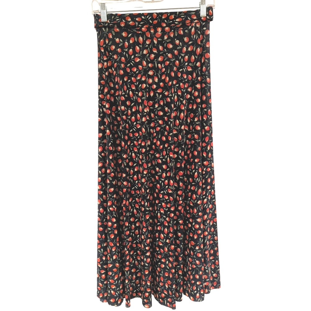 Floral Fruit Bud Print Navy Maxi Skirt L/XL High Waisted Flowy Cotton Blend